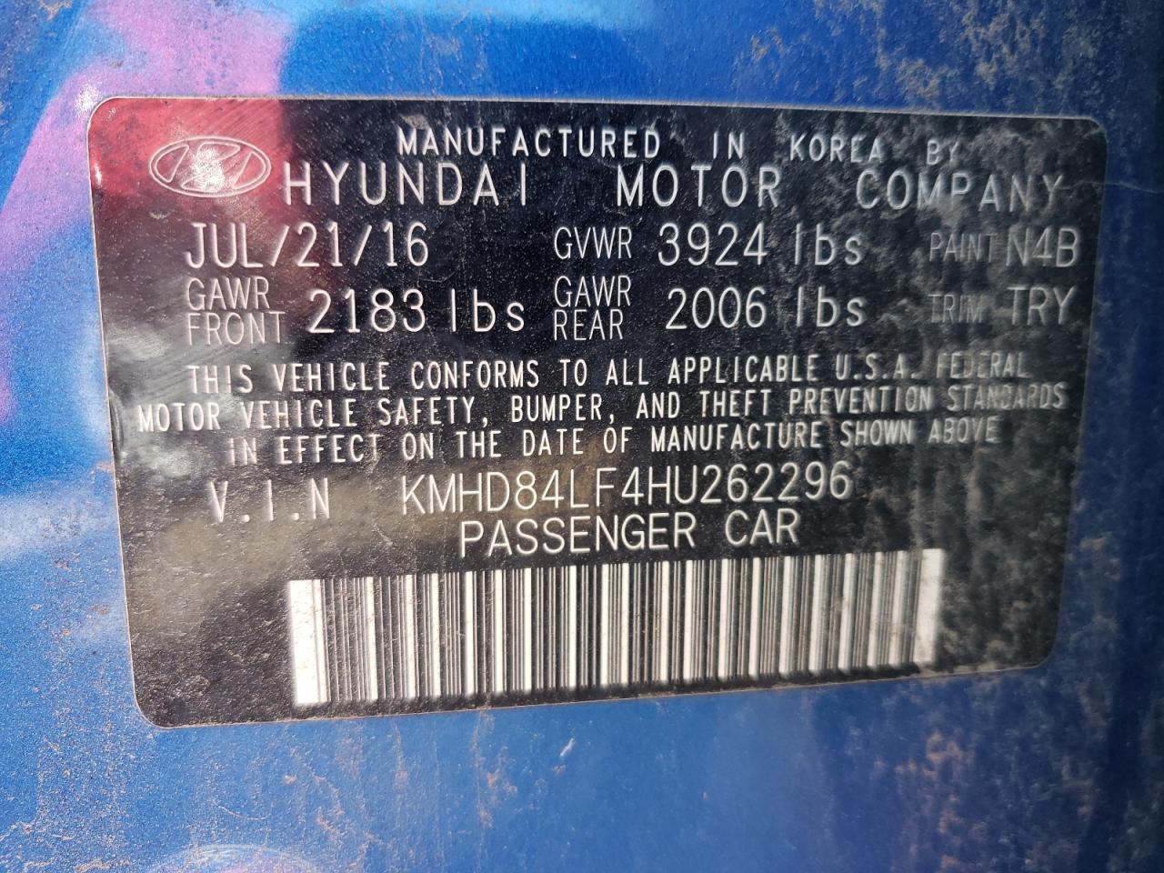 KMHD84LF4HU262296 2017 Hyundai Elantra Se