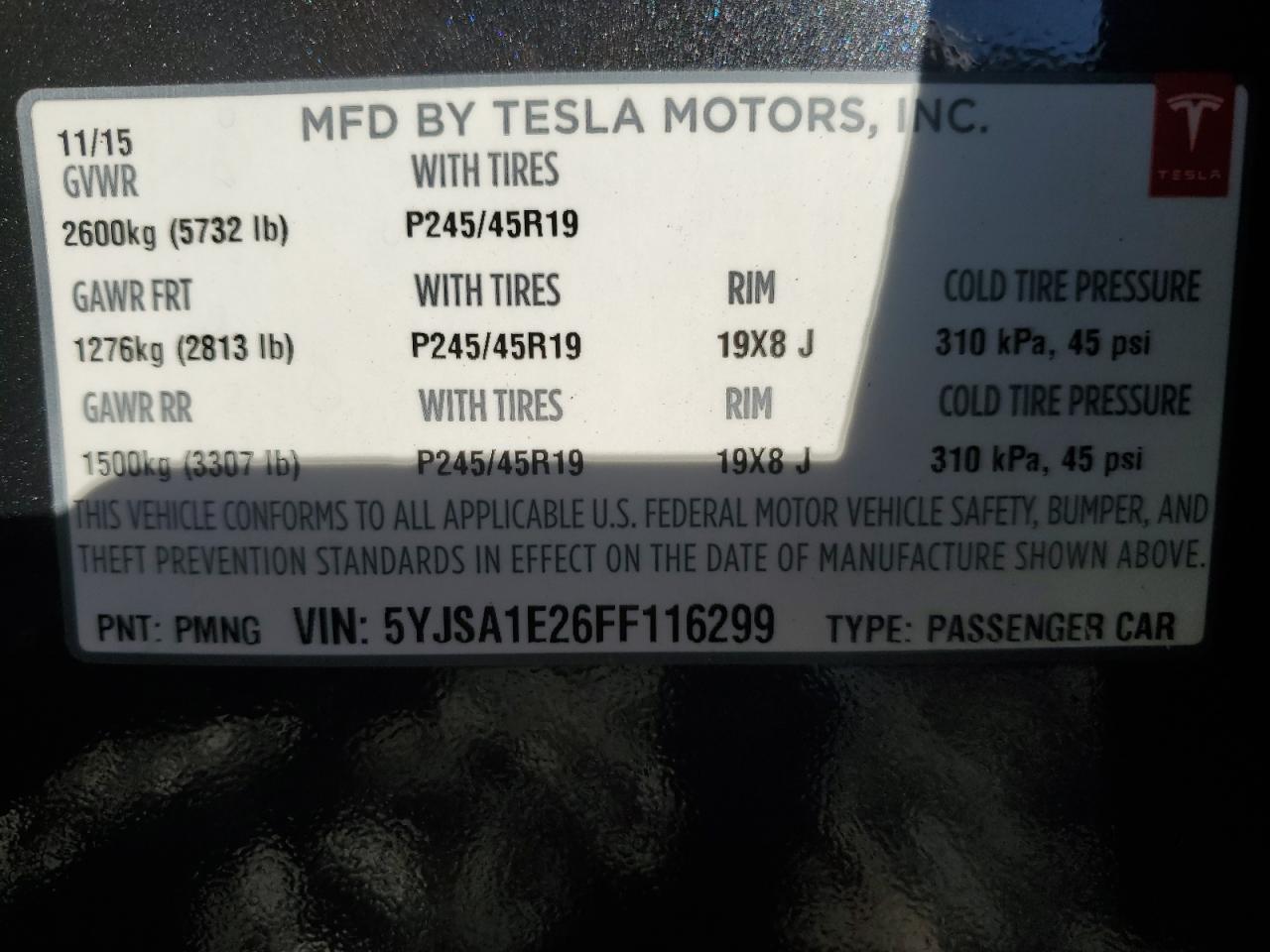 2015 Tesla Model S VIN: 5YJSA1E26FF116299 Lot: 74670524