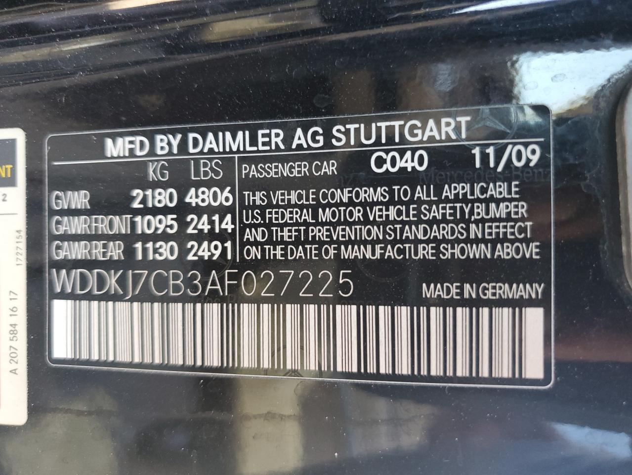 2010 Mercedes-Benz E 550 VIN: WDDKJ7CB3AF027225 Lot: 72769604
