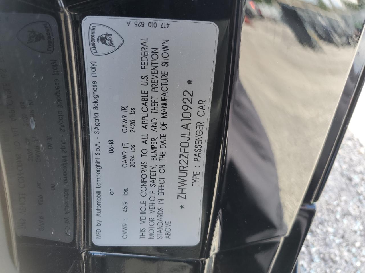 ZHWUR2ZF0JLA10922 2018 Lamborghini Huracan