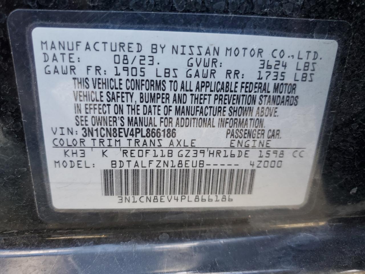 2023 Nissan Versa Sv VIN: 3N1CN8EV4PL866186 Lot: 75058644