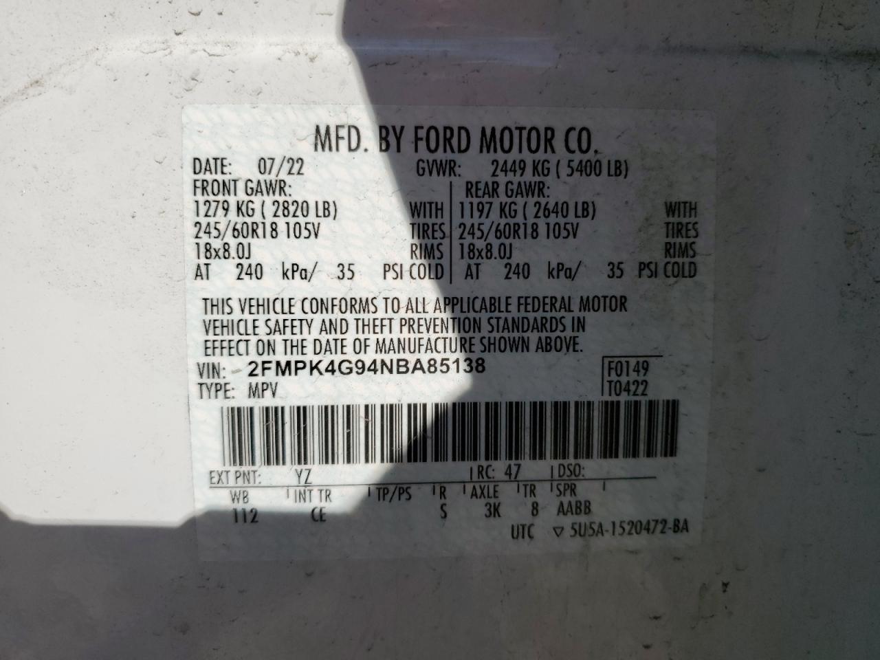 2022 Ford Edge Se VIN: 2FMPK4G94NBA85138 Lot: 76874684