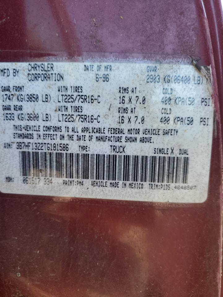 1996 Dodge Ram 1500 VIN: 3B7HF13Z2TG181586 Lot: 74469484