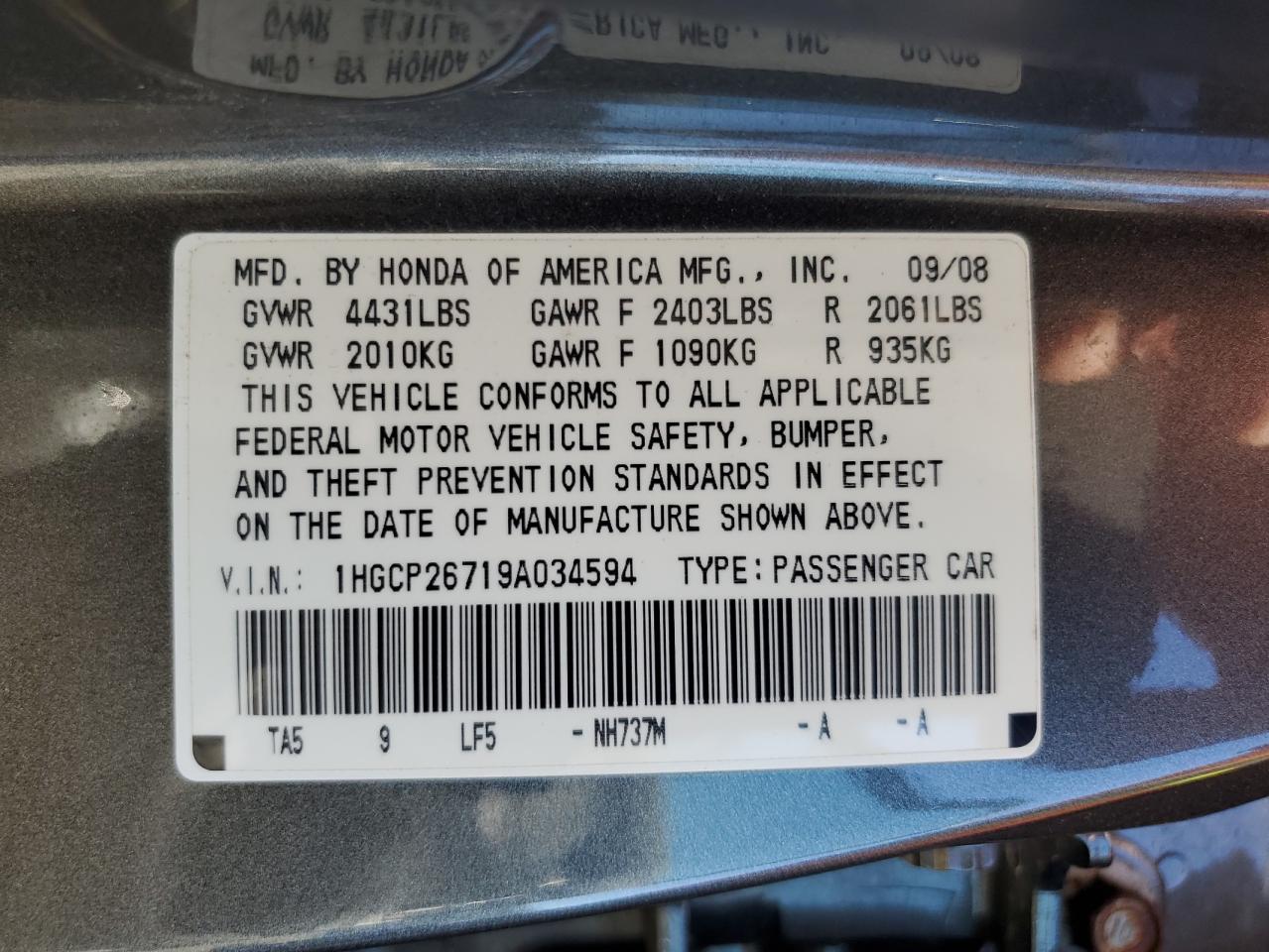 2009 Honda Accord Ex VIN: 1HGCP26719A034594 Lot: 77318444