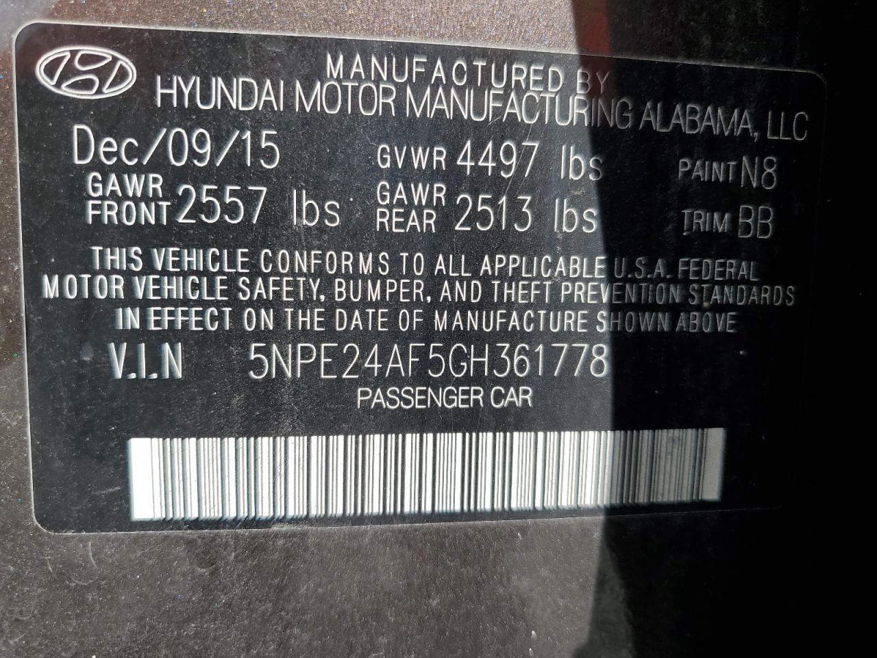 5NPE24AF5GH361778 2016 Hyundai Sonata Se