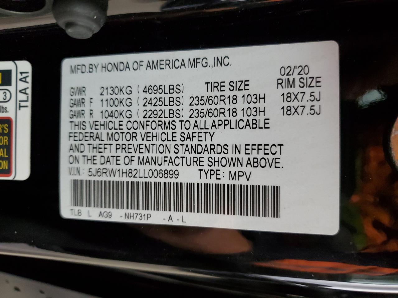 2020 Honda Cr-V Exl VIN: 5J6RW1H82LL006899 Lot: 76238974