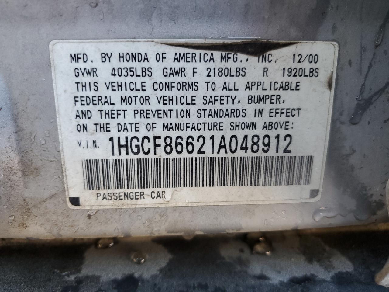 1HGCF86621A048912 2001 Honda Accord Value