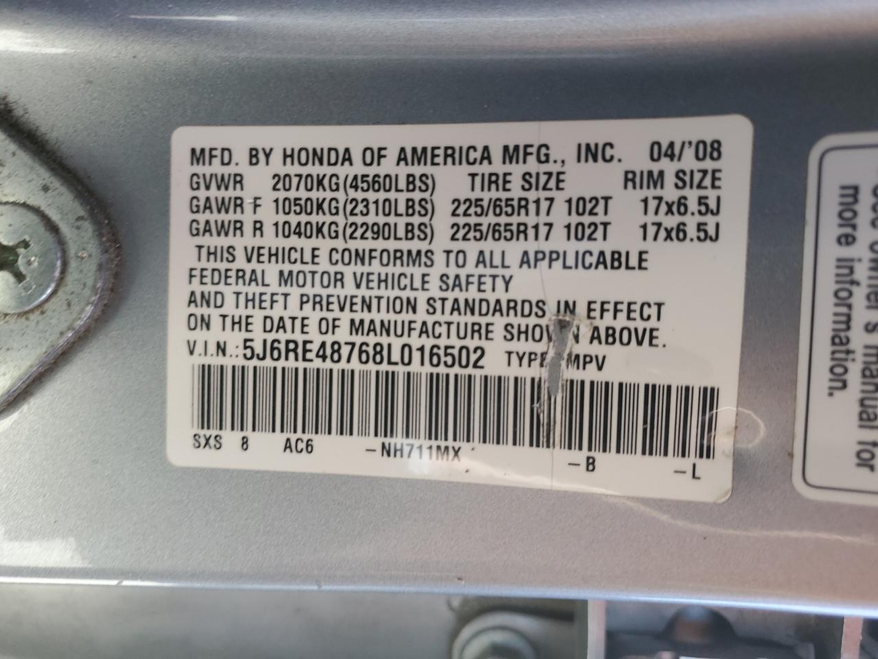 2008 Honda Cr-V Exl VIN: 5J6RE48768L016502 Lot: 76688354