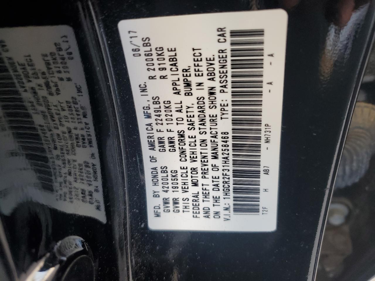 1HGCR2F31HA258468 2017 Honda Accord Lx