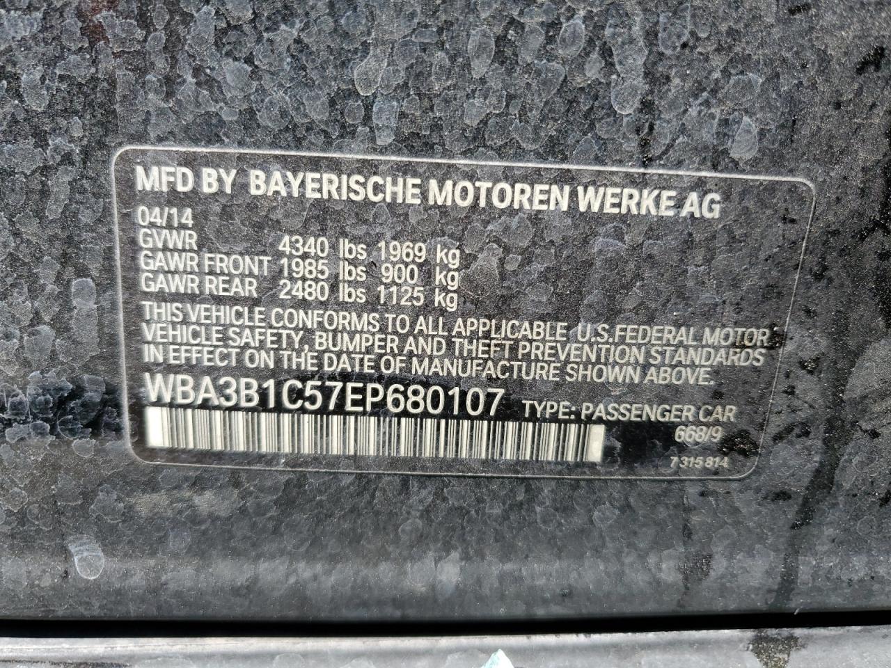 2014 BMW 320 I VIN: WBA3B1C57EP680107 Lot: 74595724