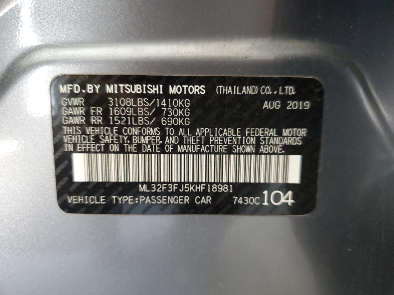 ML32F3FJ5KHF18981 2019 Mitsubishi Mirage G4 Es