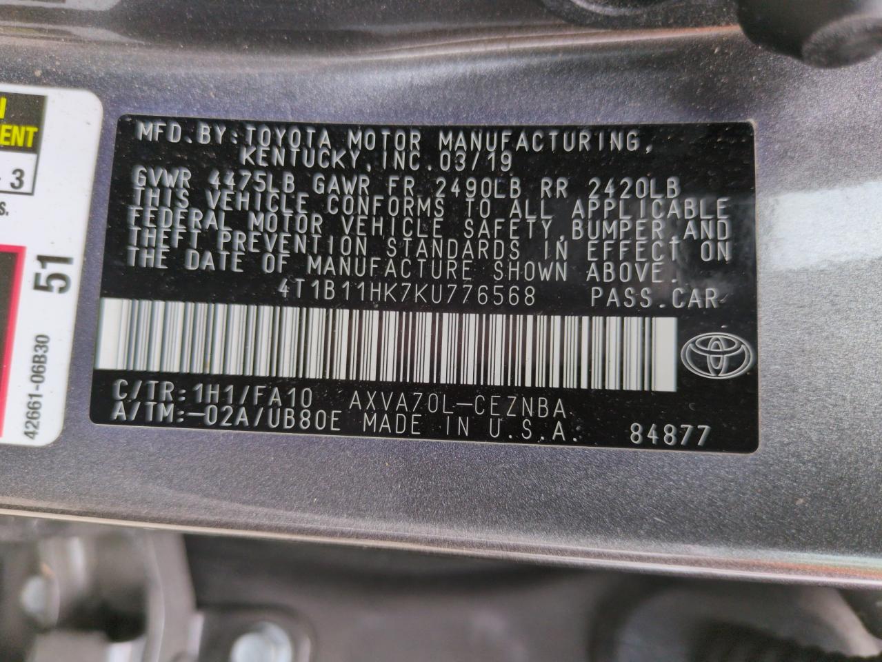 4T1B11HK7KU776568 2019 Toyota Camry L