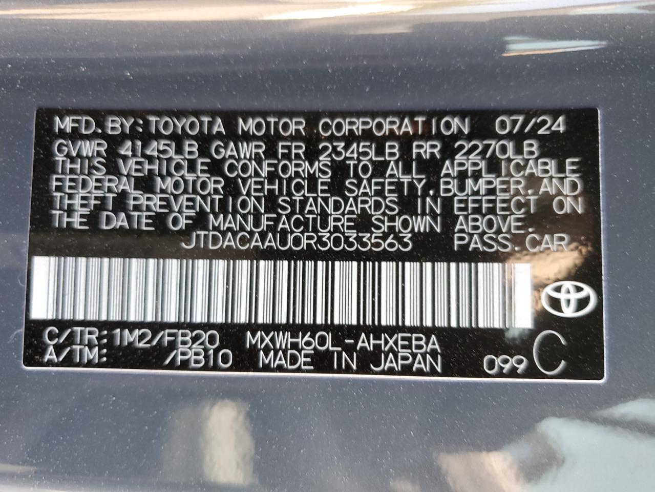 2024 Toyota Prius Le VIN: JTDACAAU0R3033563 Lot: 74351314