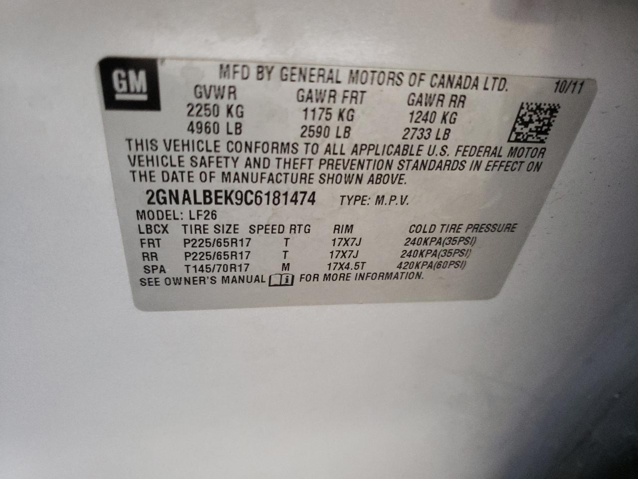 2GNALBEK9C6181474 2012 Chevrolet Equinox Ls