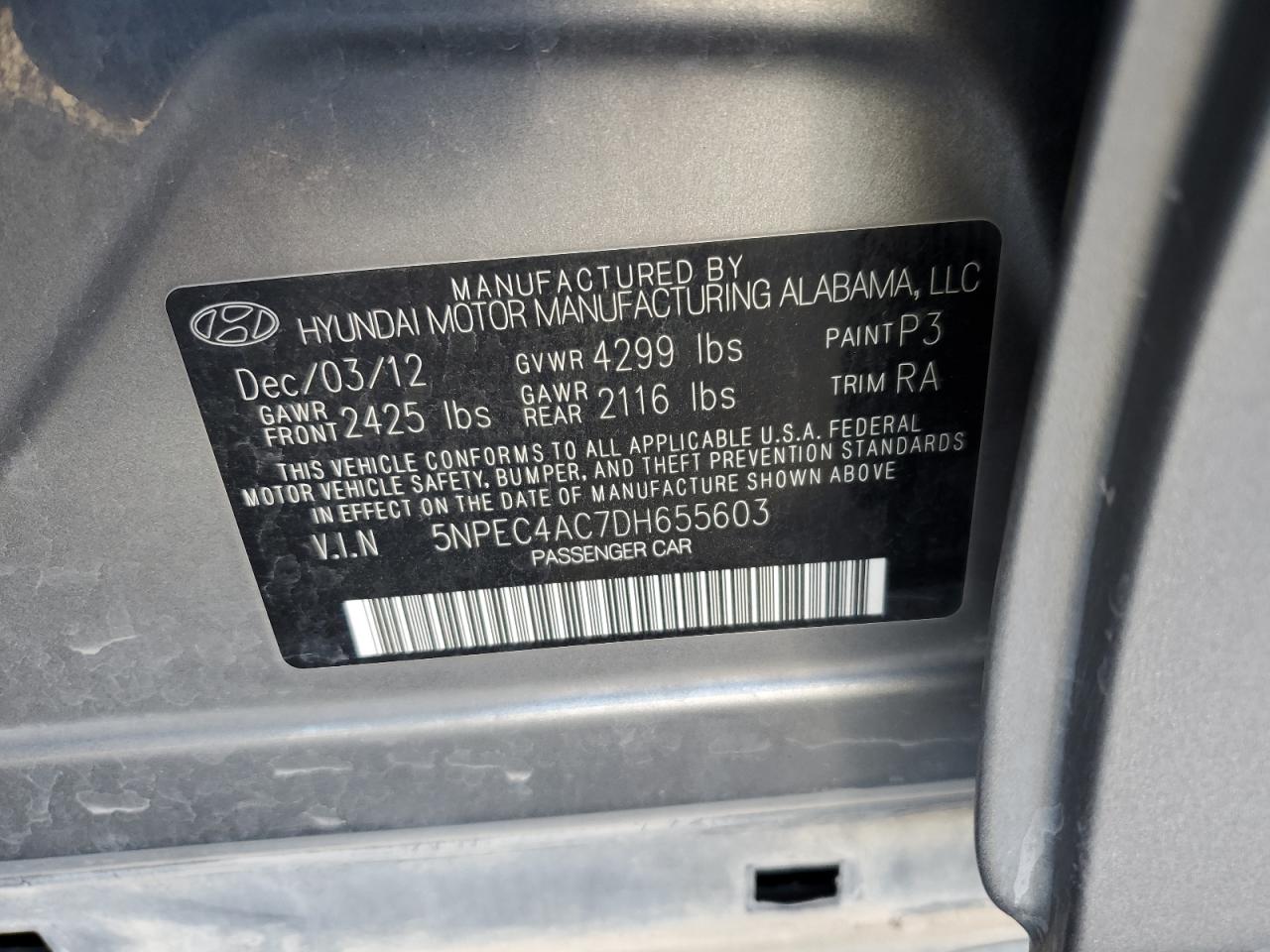 2013 Hyundai Sonata Se VIN: 5NPEC4AC7DH655603 Lot: 72398594