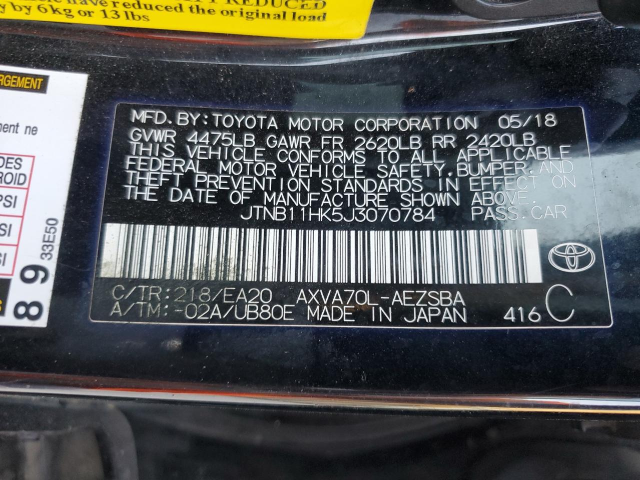 2018 Toyota Camry L VIN: JTNB11HK5J3070784 Lot: 77952154