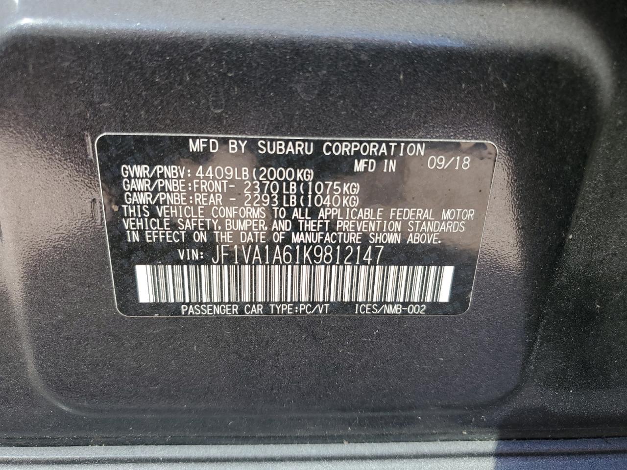 JF1VA1A61K9812147 2019 Subaru Wrx