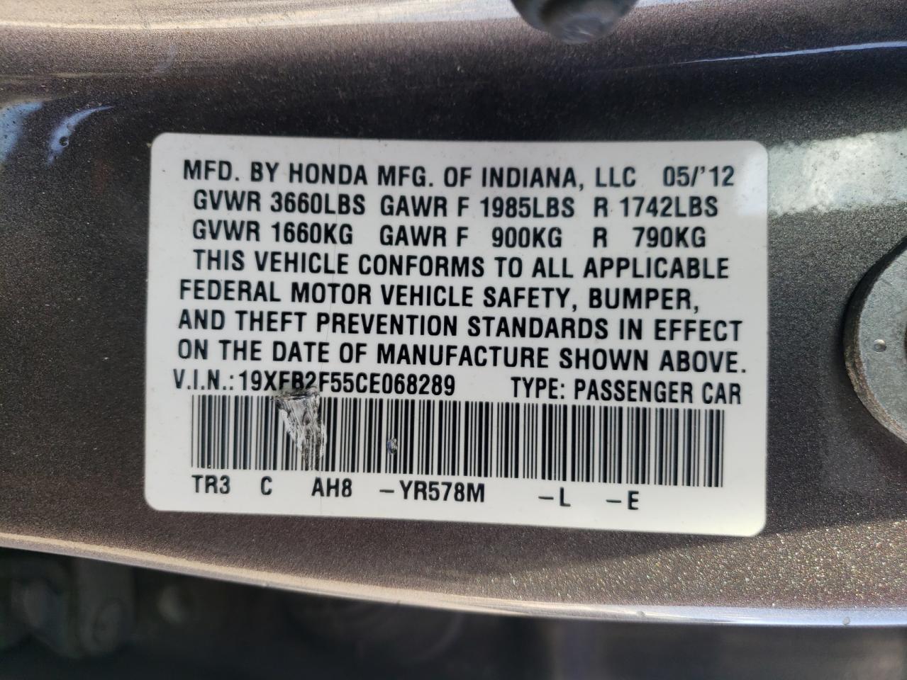 2012 Honda Civic Lx VIN: 19XFB2F55CE068289 Lot: 77546524