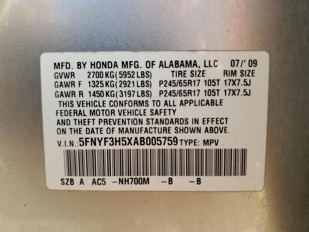 2010 Honda Pilot Exl VIN: 5FNYF3H5XAB005759 Lot: 76110414