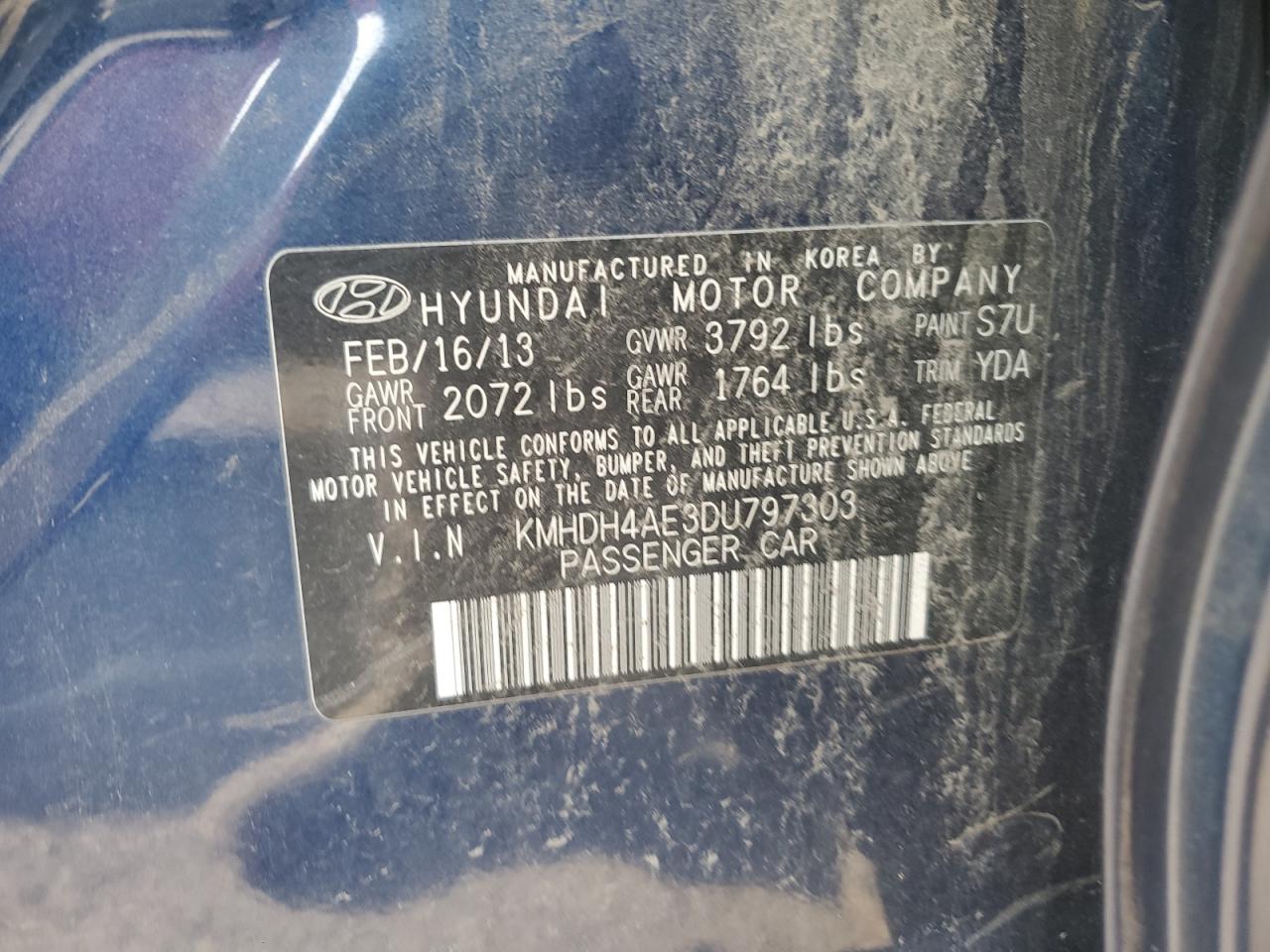 2013 Hyundai Elantra Gls VIN: KMHDH4AE3DU797303 Lot: 74525844