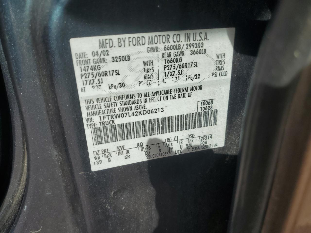 2002 Ford F150 Supercrew VIN: 1FTRW07L42KD06213 Lot: 77108044