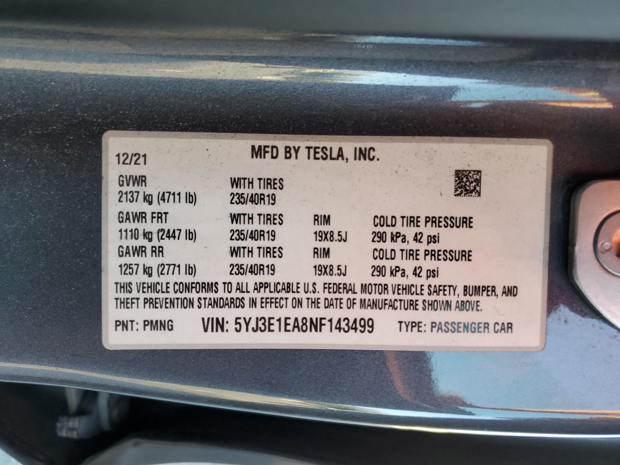 2022 Tesla Model 3 VIN: 5YJ3E1EA8NF143499 Lot: 75040924