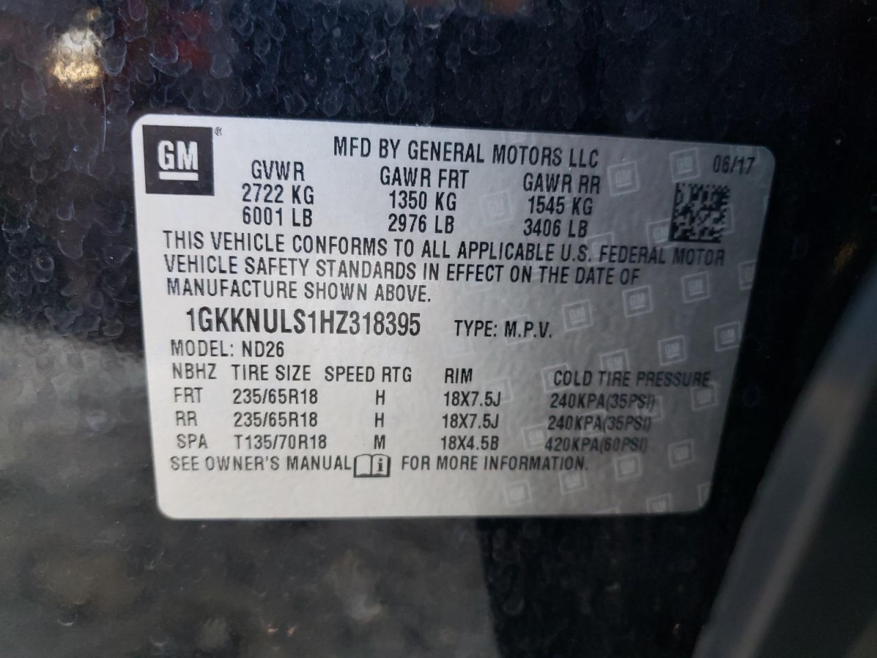 1GKKNULS1HZ318395 2017 GMC Acadia Slt-1