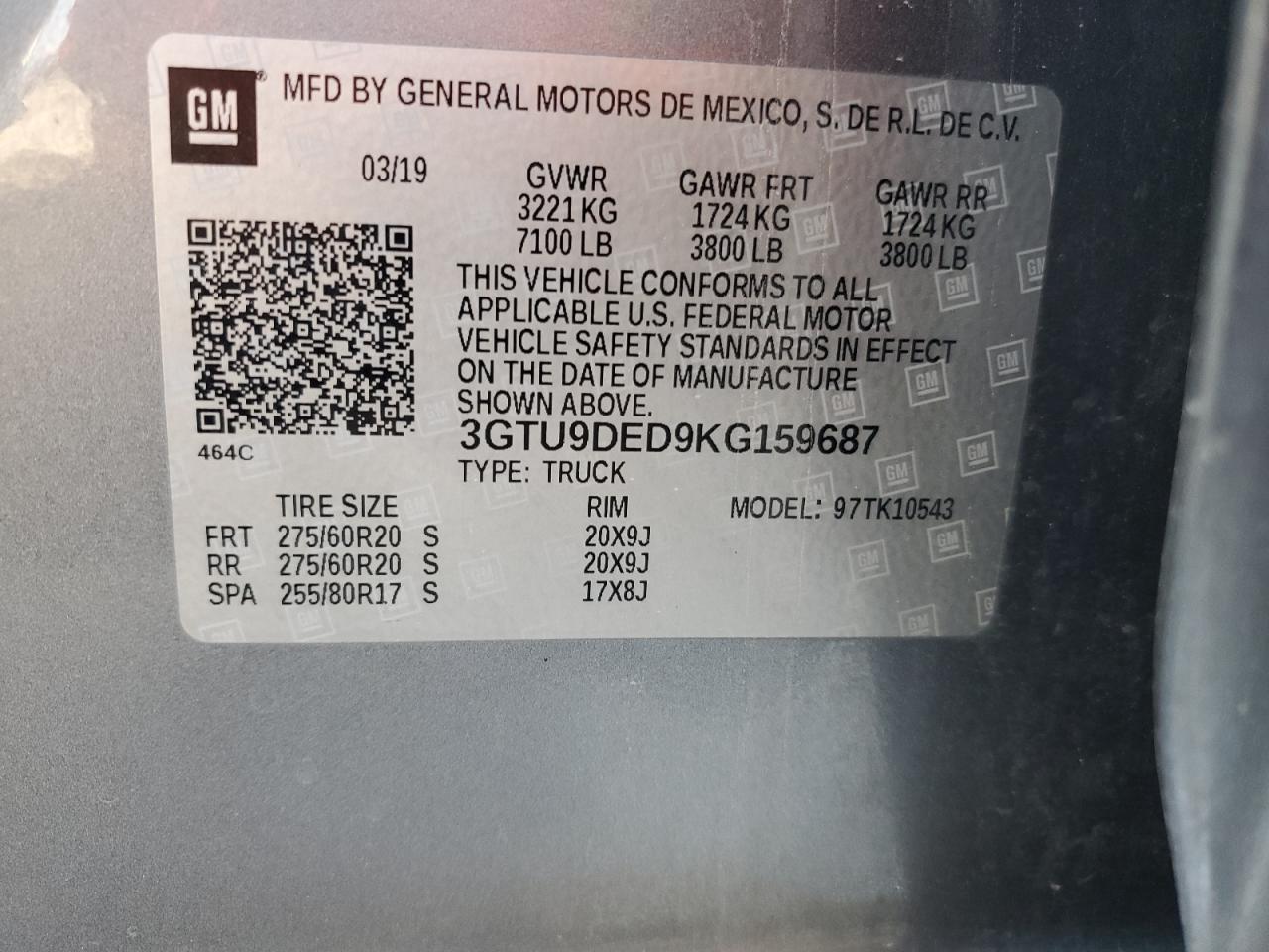 3GTU9DED9KG159687 2019 GMC Sierra K1500 Slt