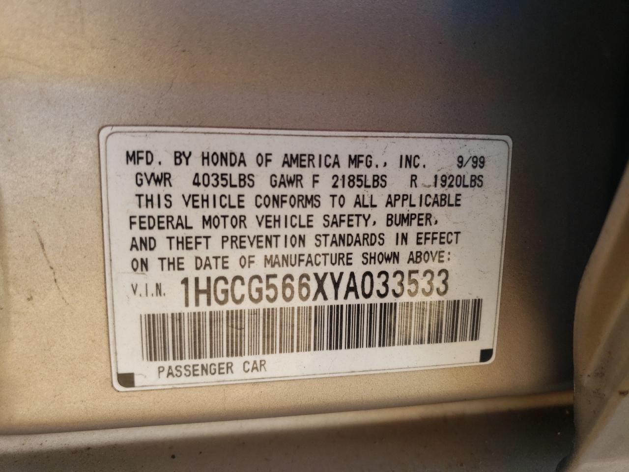 2000 Honda Accord Ex VIN: 1HGCG566XYA033533 Lot: 75725324