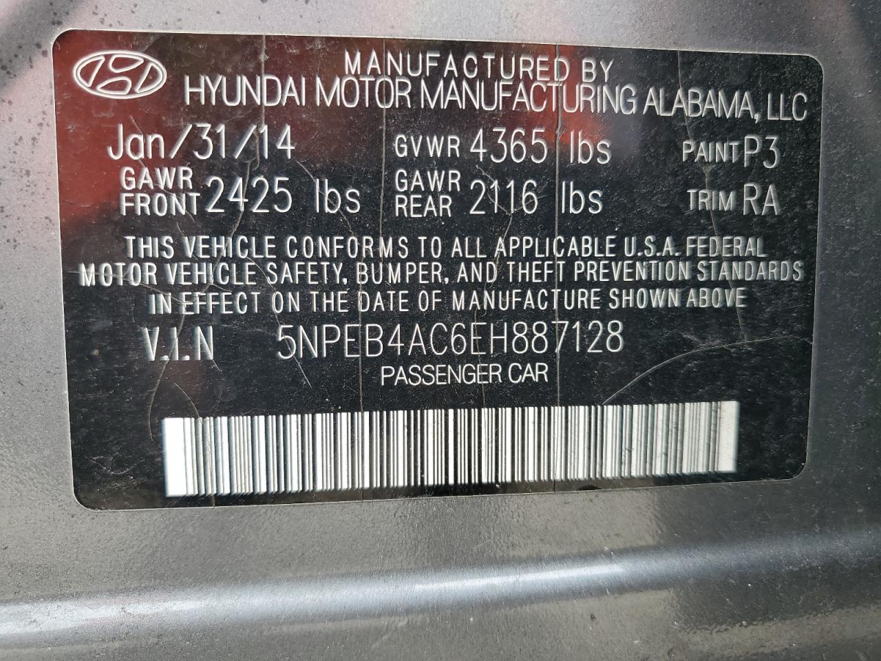 5NPEB4AC6EH887128 2014 Hyundai Sonata Gls