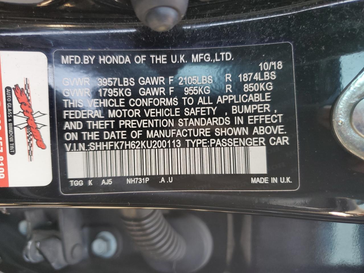 SHHFK7H62KU200113 2019 Honda Civic Ex