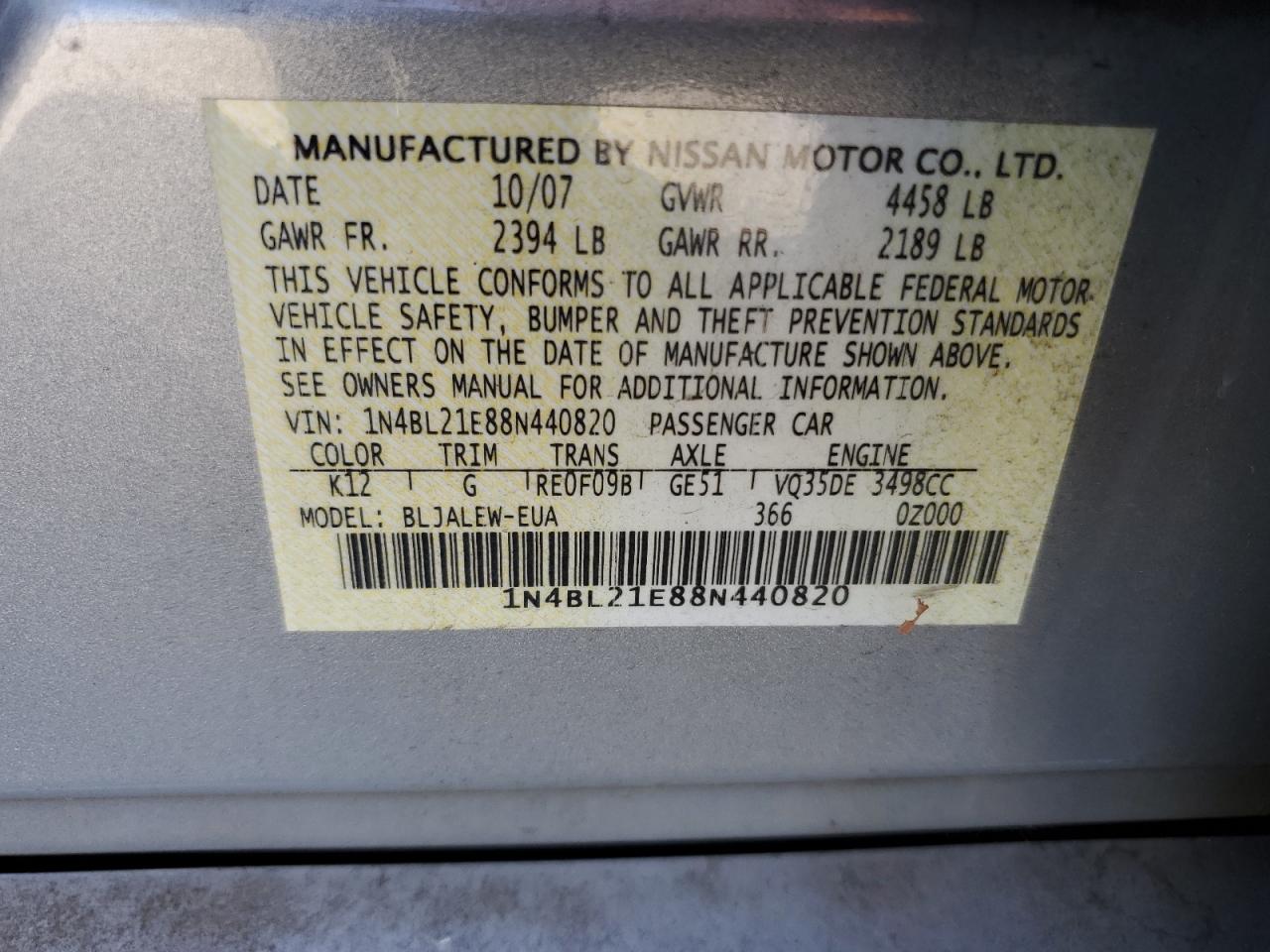 2008 Nissan Altima 3.5Se VIN: 1N4BL21E88N440820 Lot: 75556094