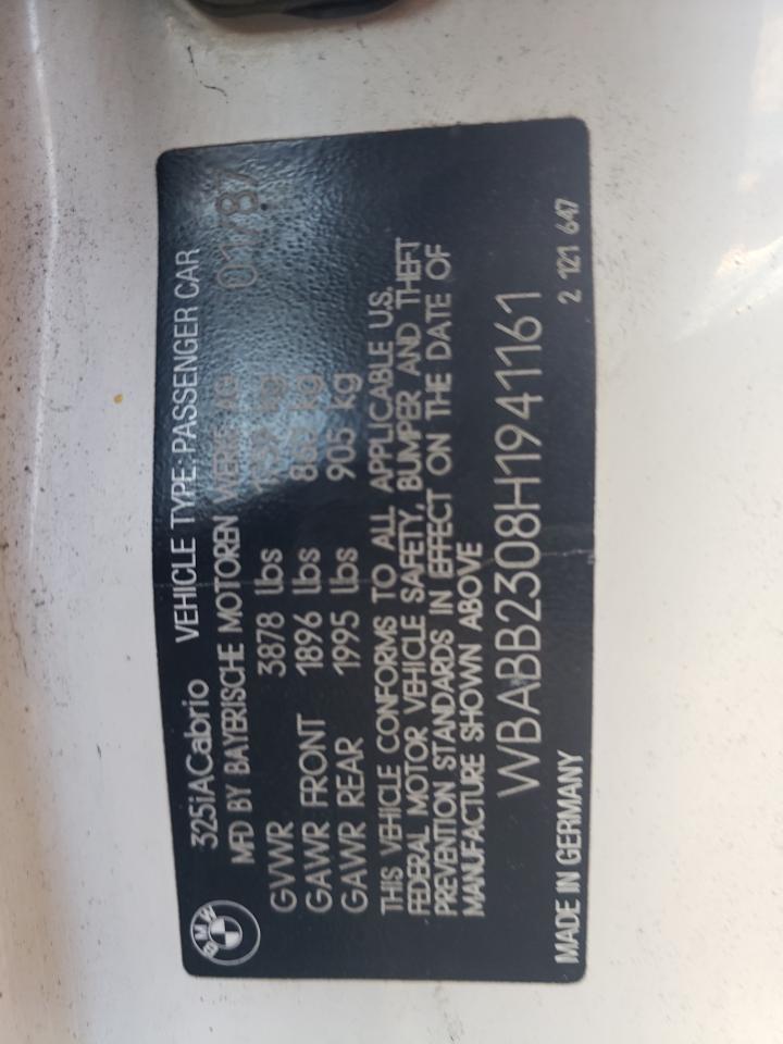 1987 BMW 325 I Automatic VIN: WBABB2308H1941161 Lot: 73581994