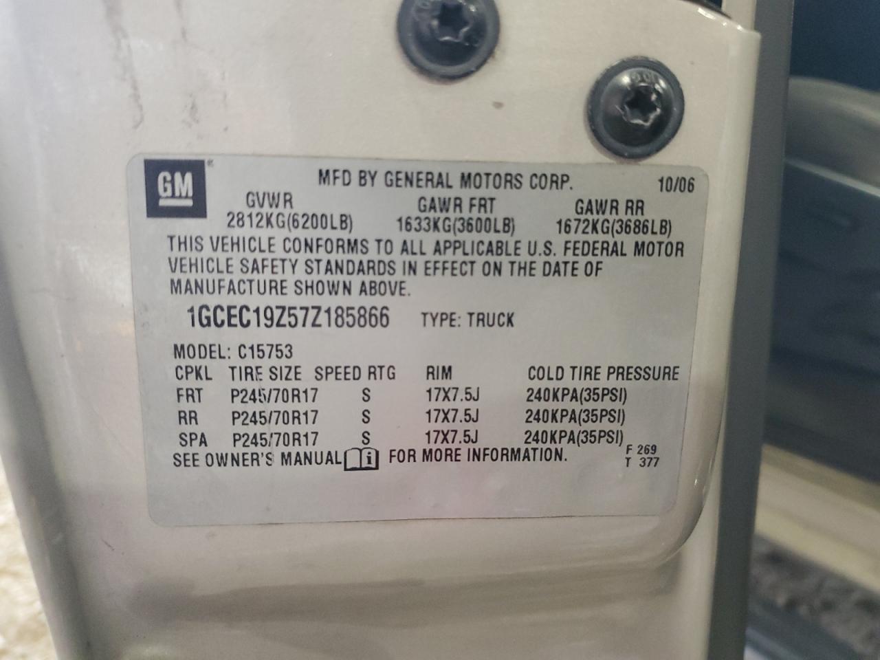 2007 Chevrolet Silverado C1500 Classic VIN: 1GCEC19Z57Z185866 Lot: 75690324