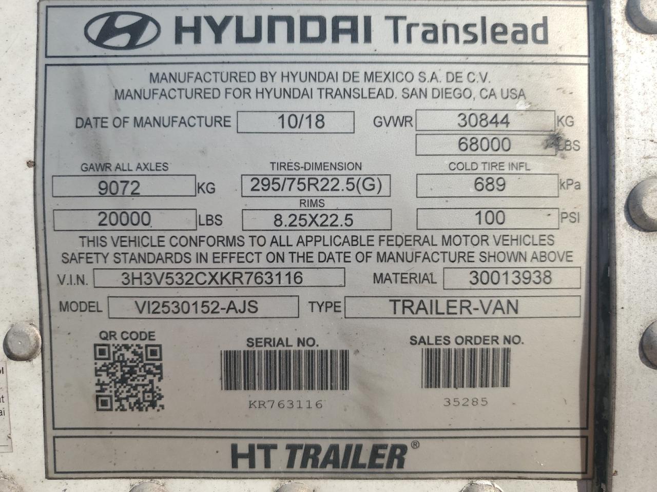 3H3V532CXKR763116 2019 Hyundai Dry Van