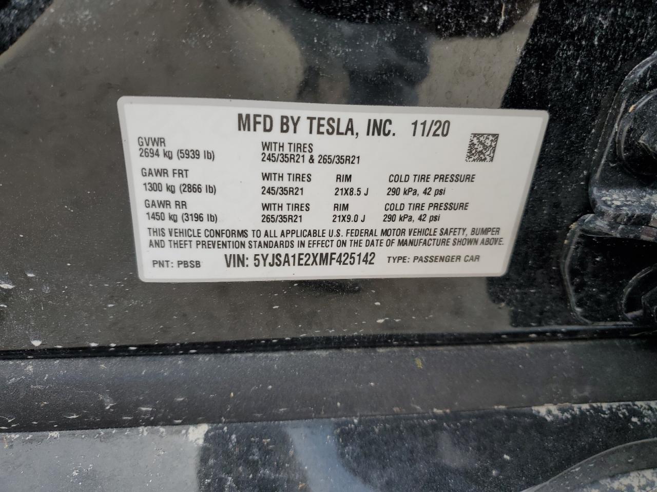 2021 Tesla Model S VIN: 5YJSA1E2XMF425142 Lot: 74674914