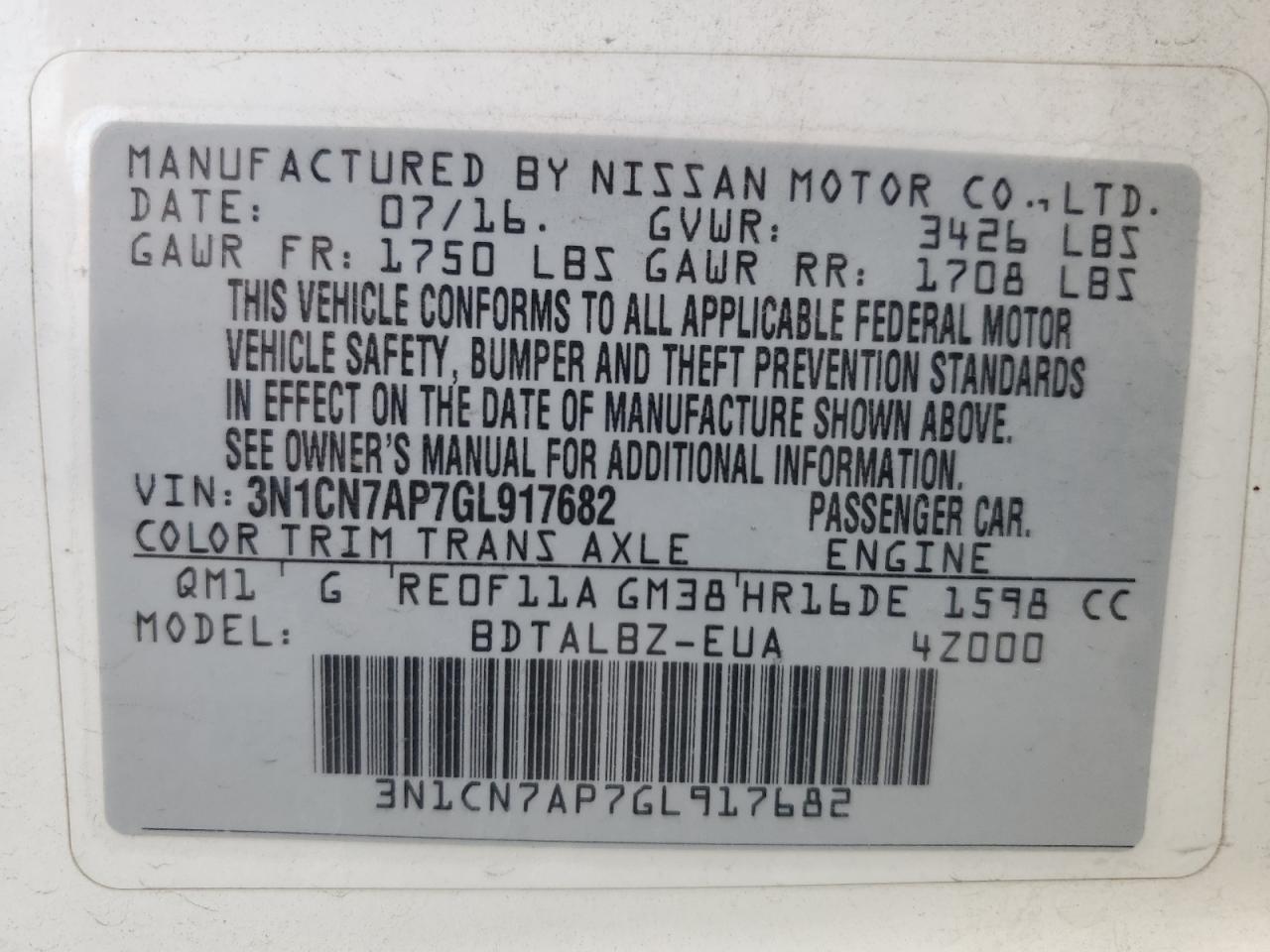 3N1CN7AP7GL917682 2016 Nissan Versa S