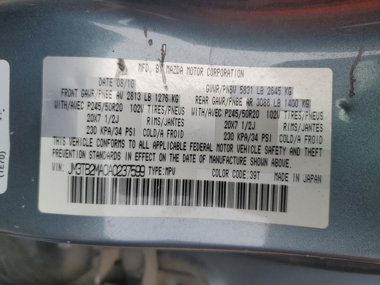 2010 Mazda Cx-9 VIN: JM3TB2MA0A0237599 Lot: 74277404