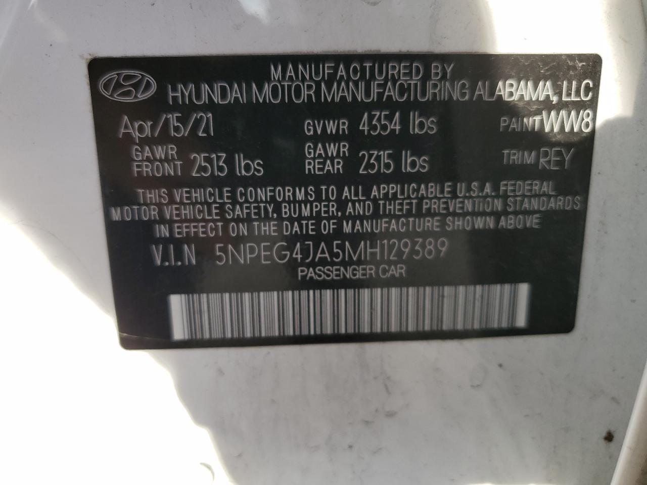 2021 Hyundai Sonata Se VIN: 5NPEG4JA5MH129389 Lot: 77071554