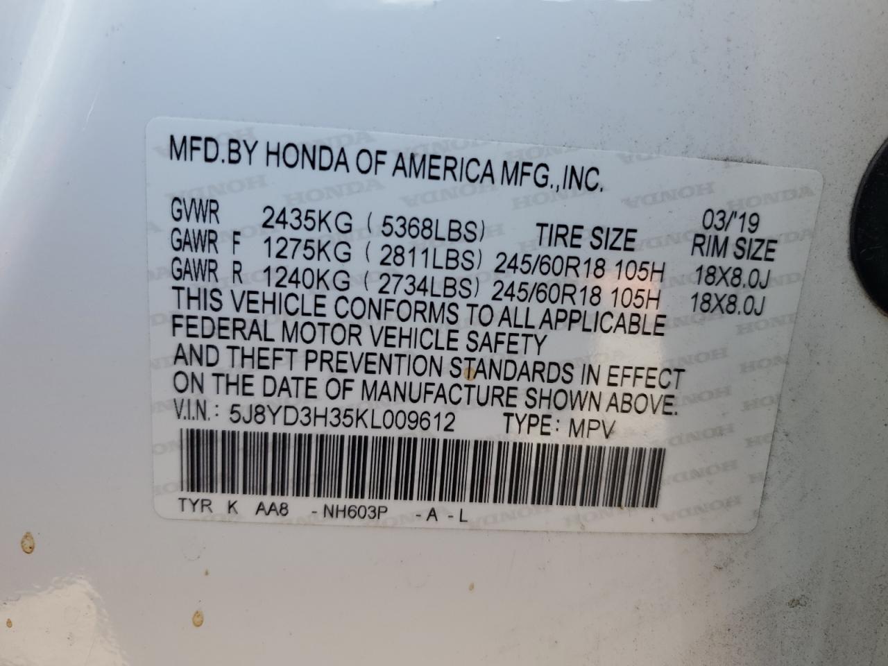 5J8YD3H35KL009612 2019 Acura Mdx