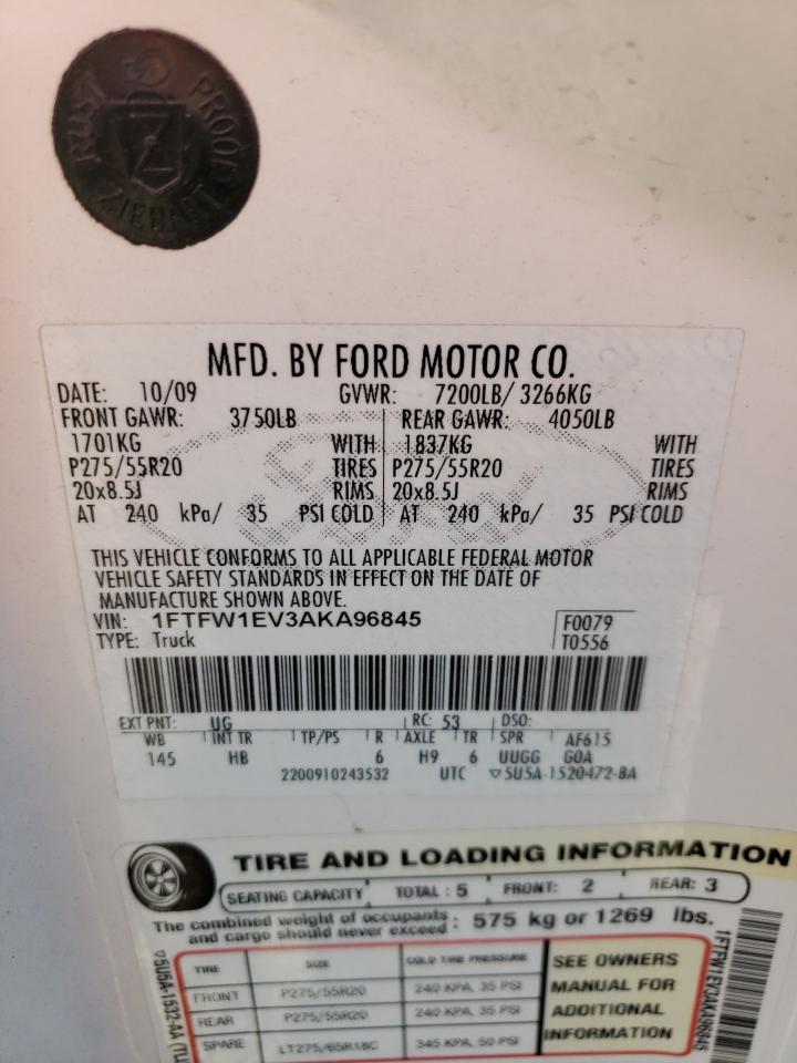 2010 Ford F150 Supercrew VIN: 1FTFW1EV3AKA96845 Lot: 74119854