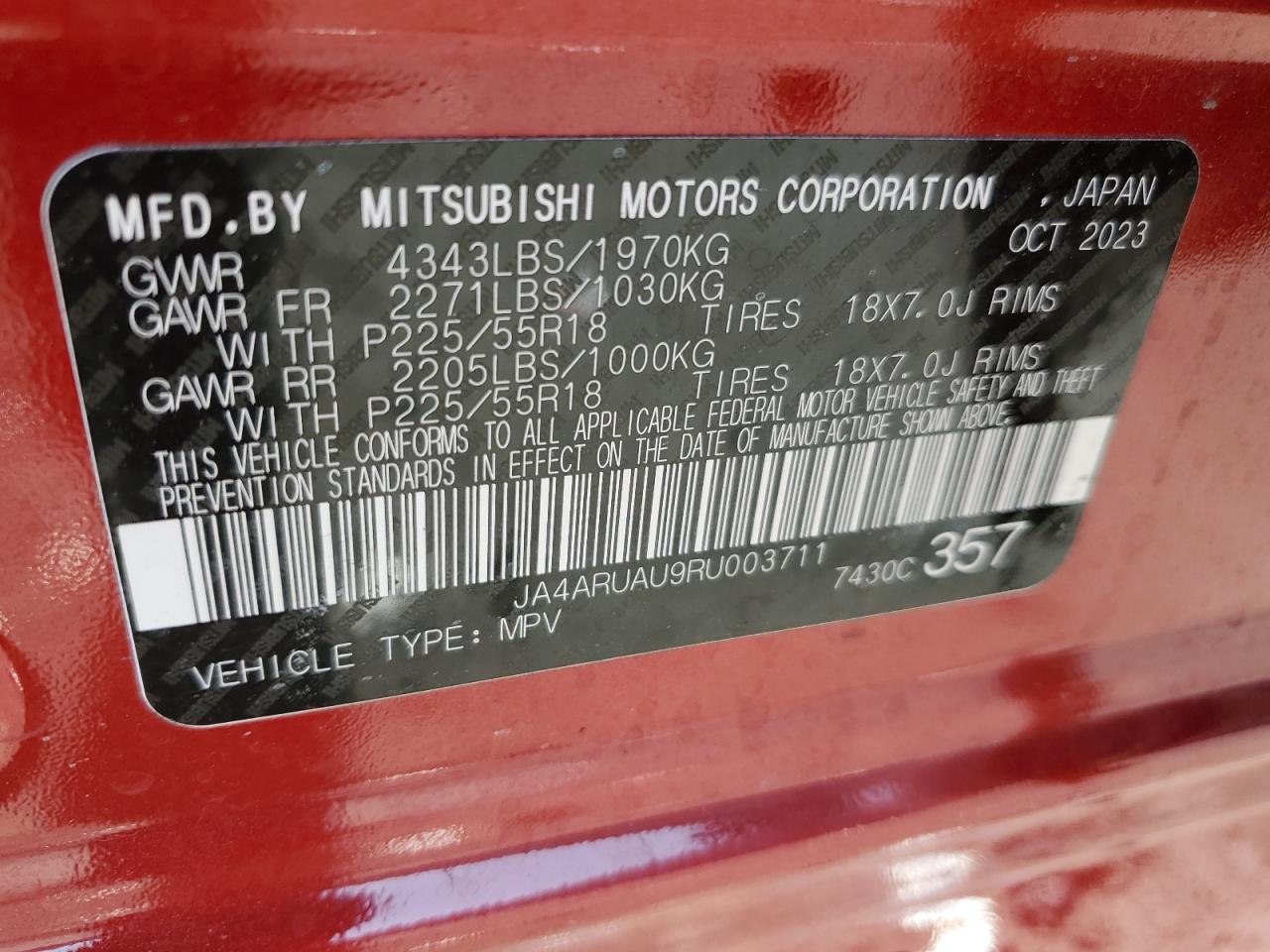 2024 Mitsubishi Outlander Sport S/Se VIN: JA4ARUAU9RU003711 Lot: 76362564