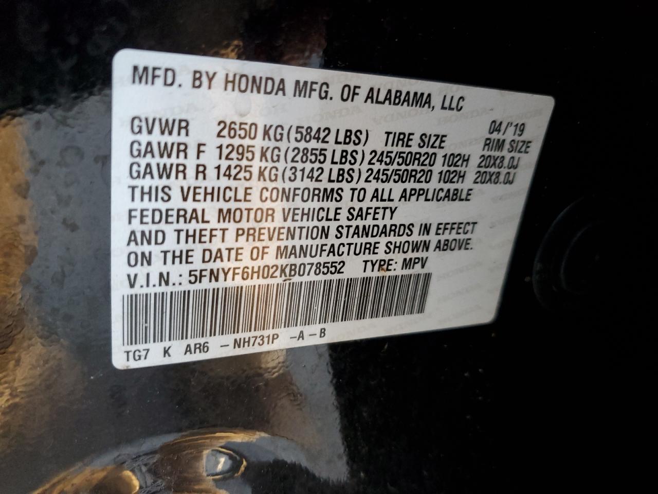 5FNYF6H02KB078552 2019 Honda Pilot Elite