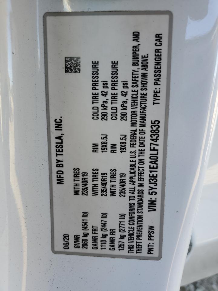 VIN 5YJ3E1EA0LF743835 2020 TESLA MODEL 3 no.13