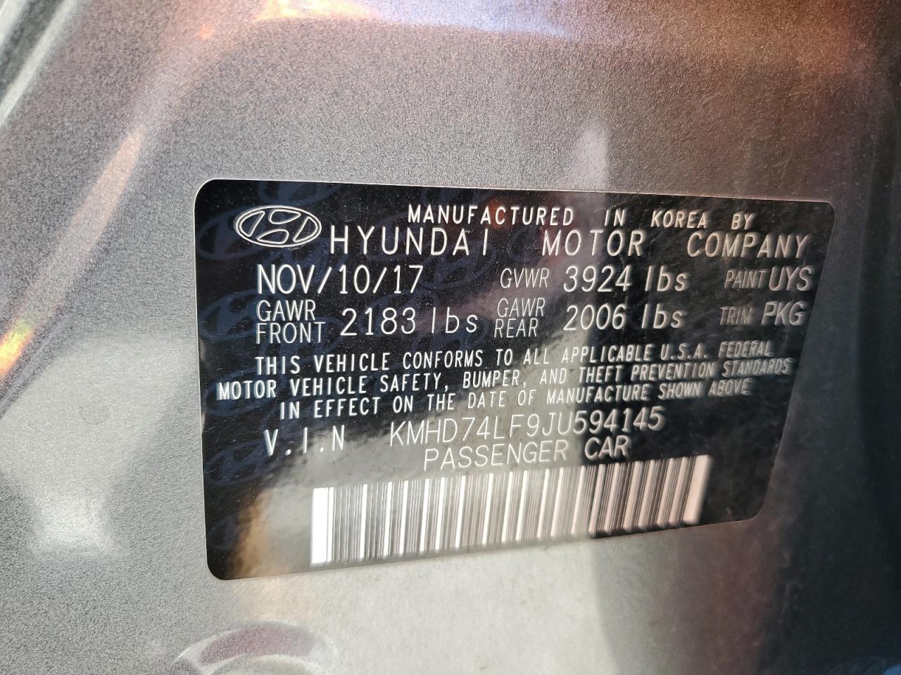 KMHD74LF9JU594145 2018 Hyundai Elantra Se