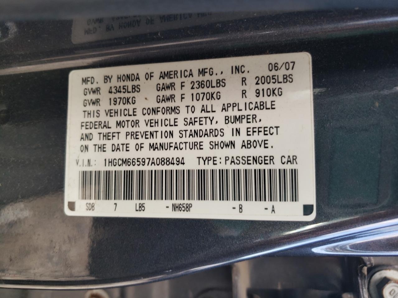 1HGCM66597A088494 2007 Honda Accord Ex