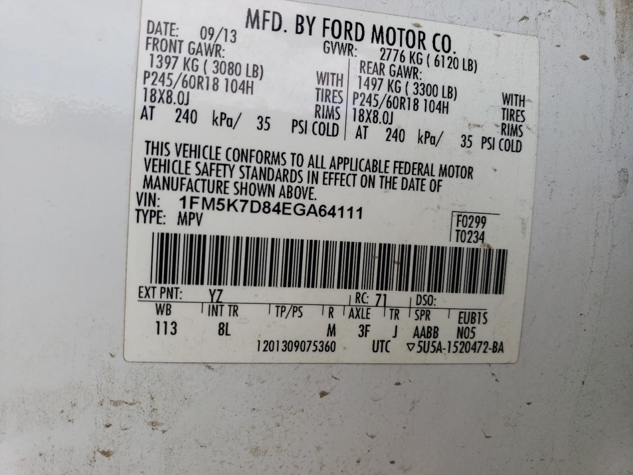 VIN 1FM5K7D84EGA64111 2014 FORD EXPLORER no.12