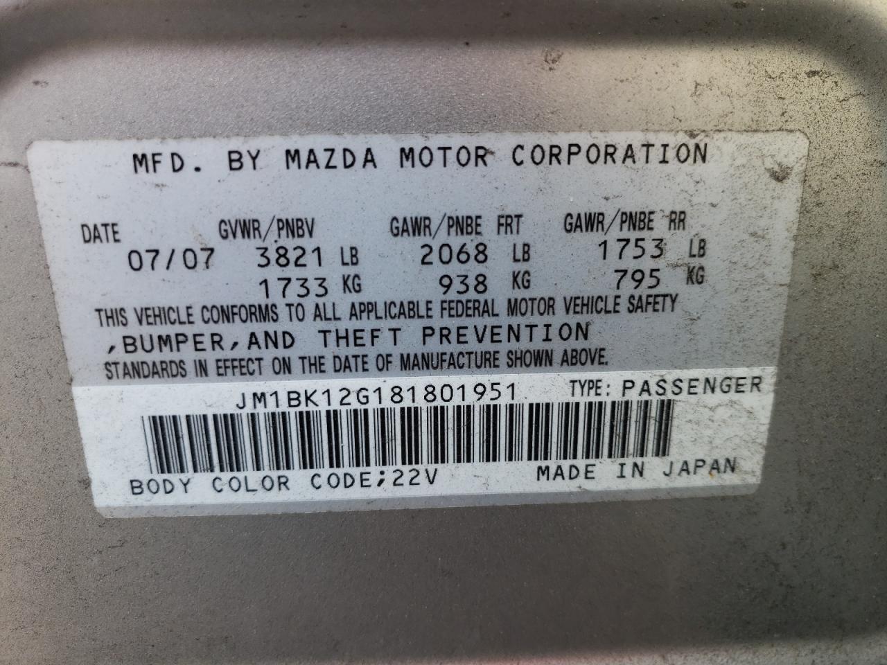 2008 Mazda 3 I VIN: JM1BK12G181801951 Lot: 73381974