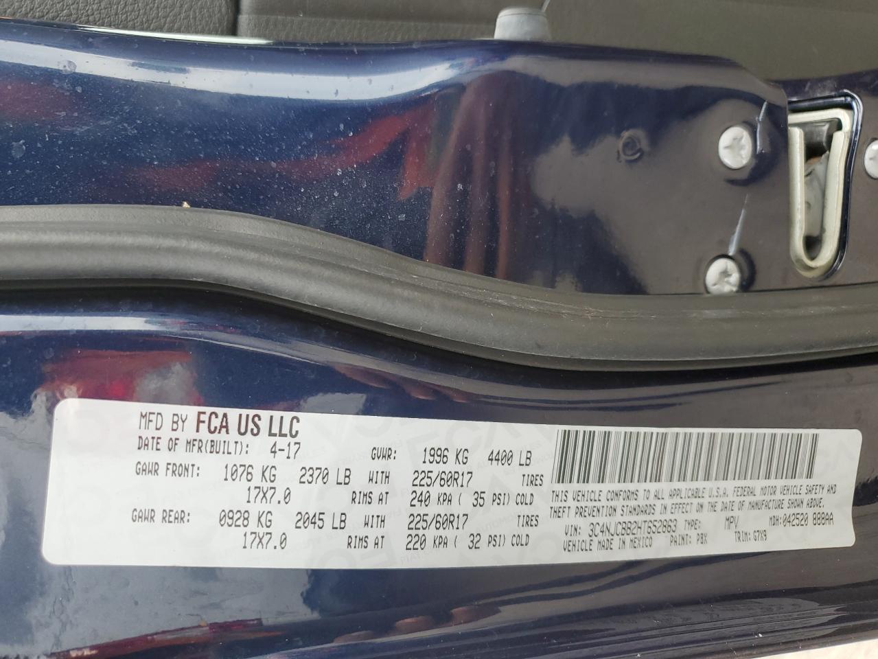 2017 Jeep Compass Latitude VIN: 3C4NJCBB2HT652863 Lot: 74812494