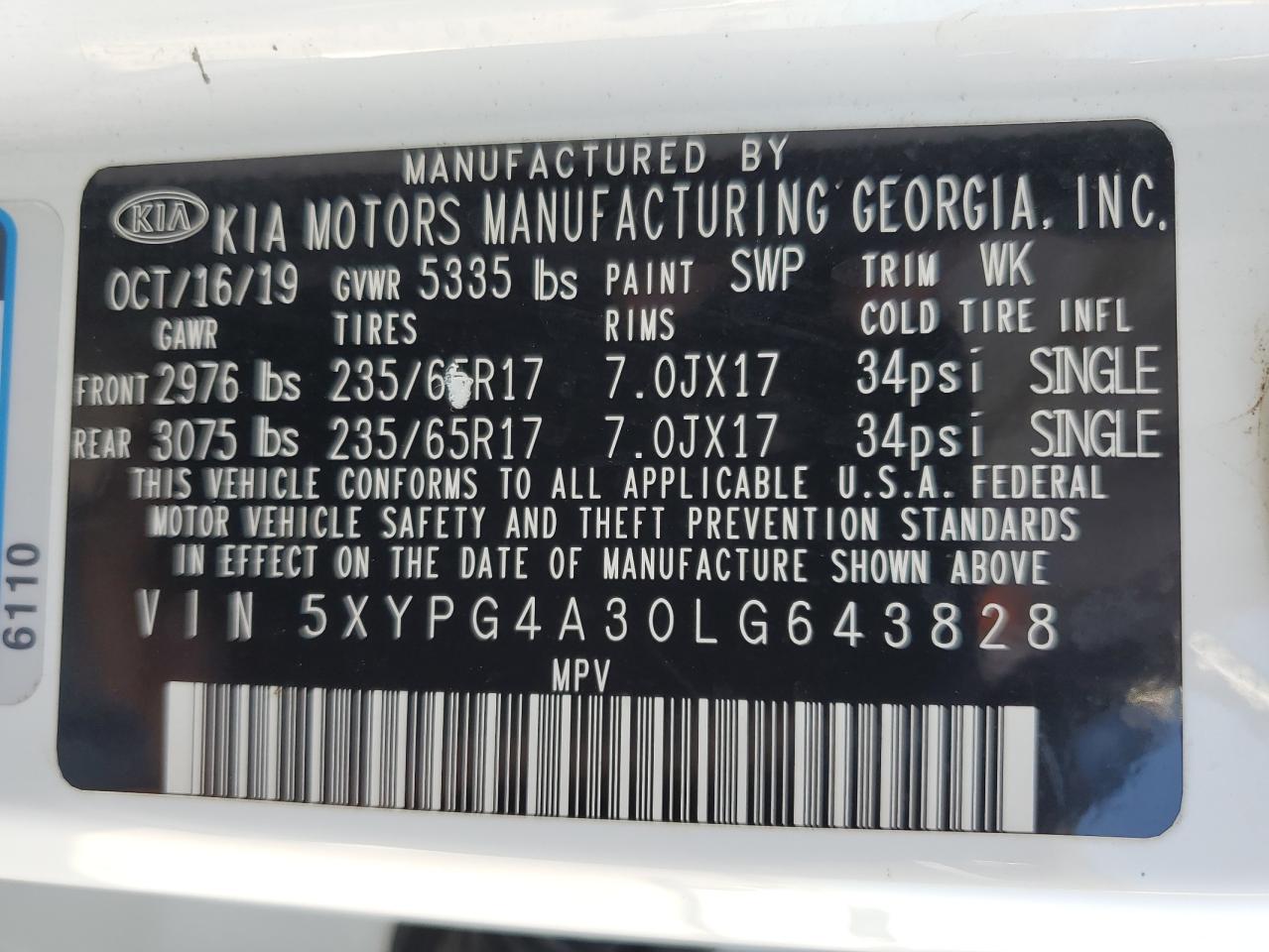 5XYPG4A30LG643828 2020 Kia Sorento L